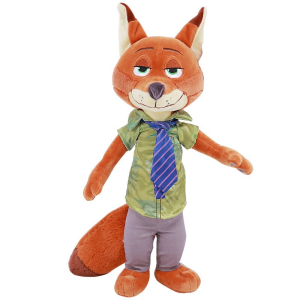 Pluszowa zabawka przedstawiająca Nicka, lisa z filmu Zootopia, ubranego w mały garnitur z zieloną koszulą i niebieskim krawatem